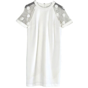 Belle Badgley Mischka Dress Women's Short Sleeve Polka Dot Mesh White Size 6